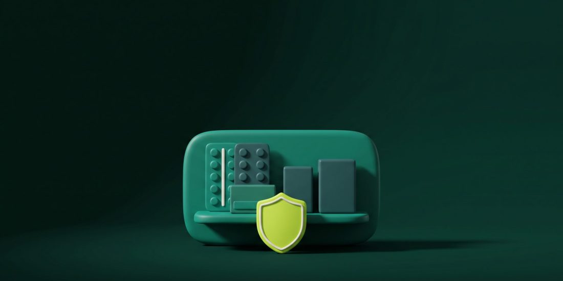 Prateleira de farmácia em 3D com caixas e cartelas de comprimidos e um selo verde-limão à frente
