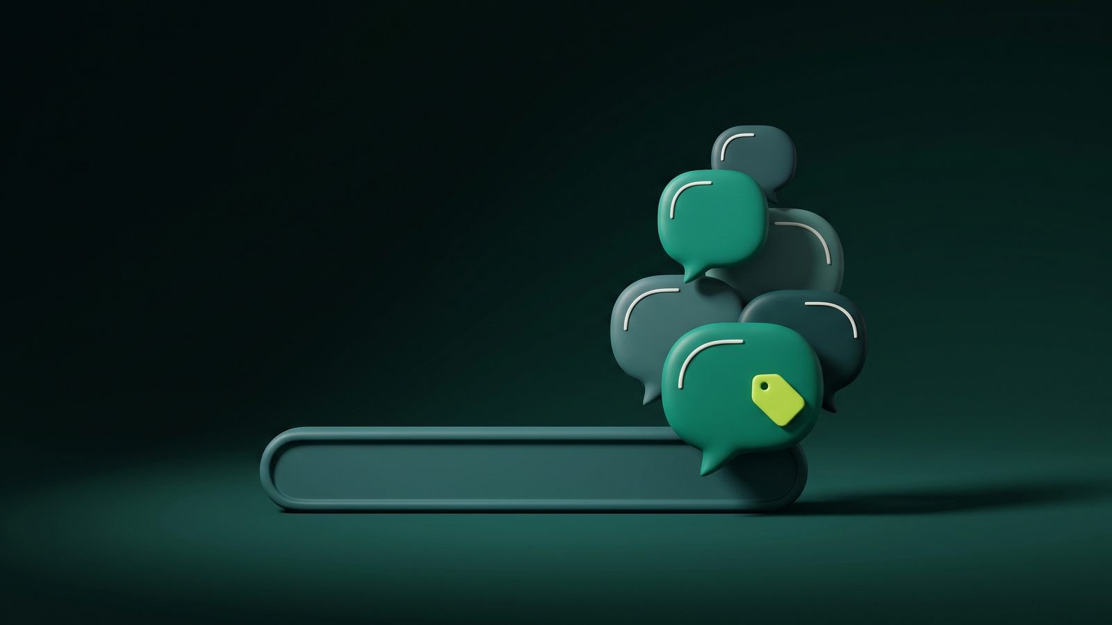 Barra de busca em 3D com balões de resposta empilhados e uma etiqueta verde-limão no balão da frente