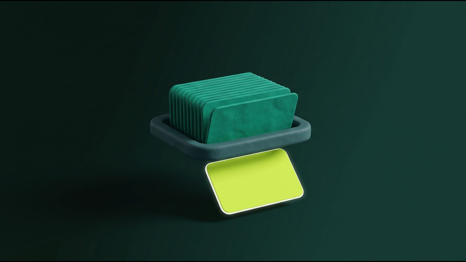 Pilha de cartões em 3D passando por um filtro, com um cartão verde-limão que passou