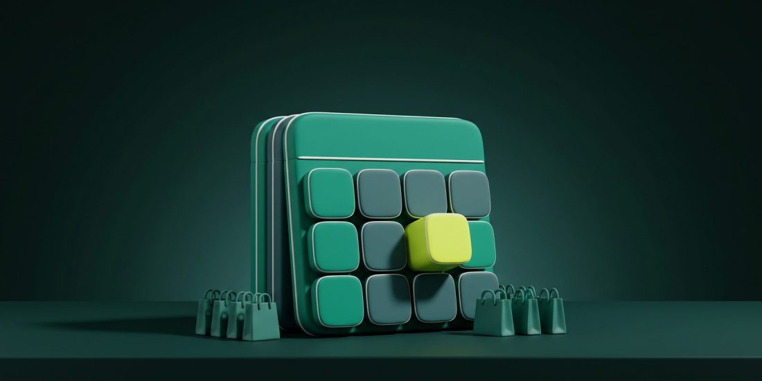 Calendário em 3D com a última sexta-feira em verde-limão e sacolas de compra ao redor