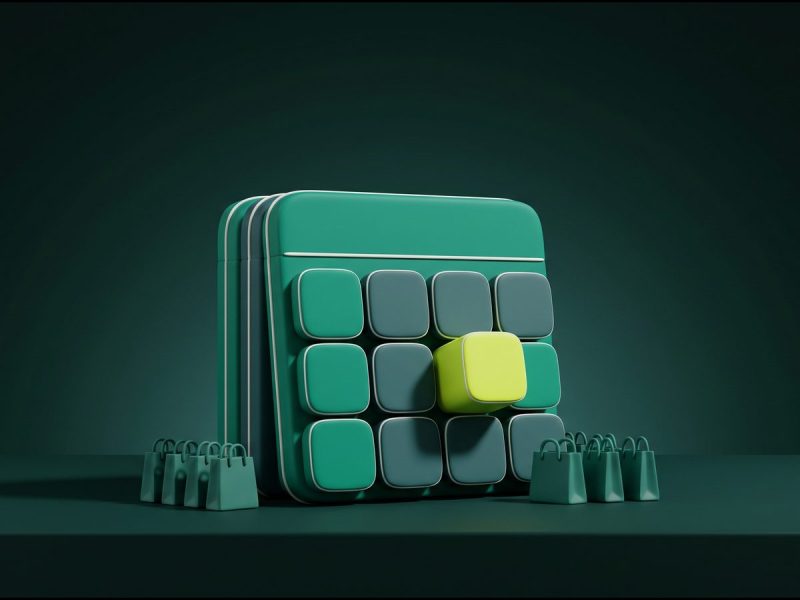 Calendário em 3D com a última sexta-feira em verde-limão e sacolas de compra ao redor