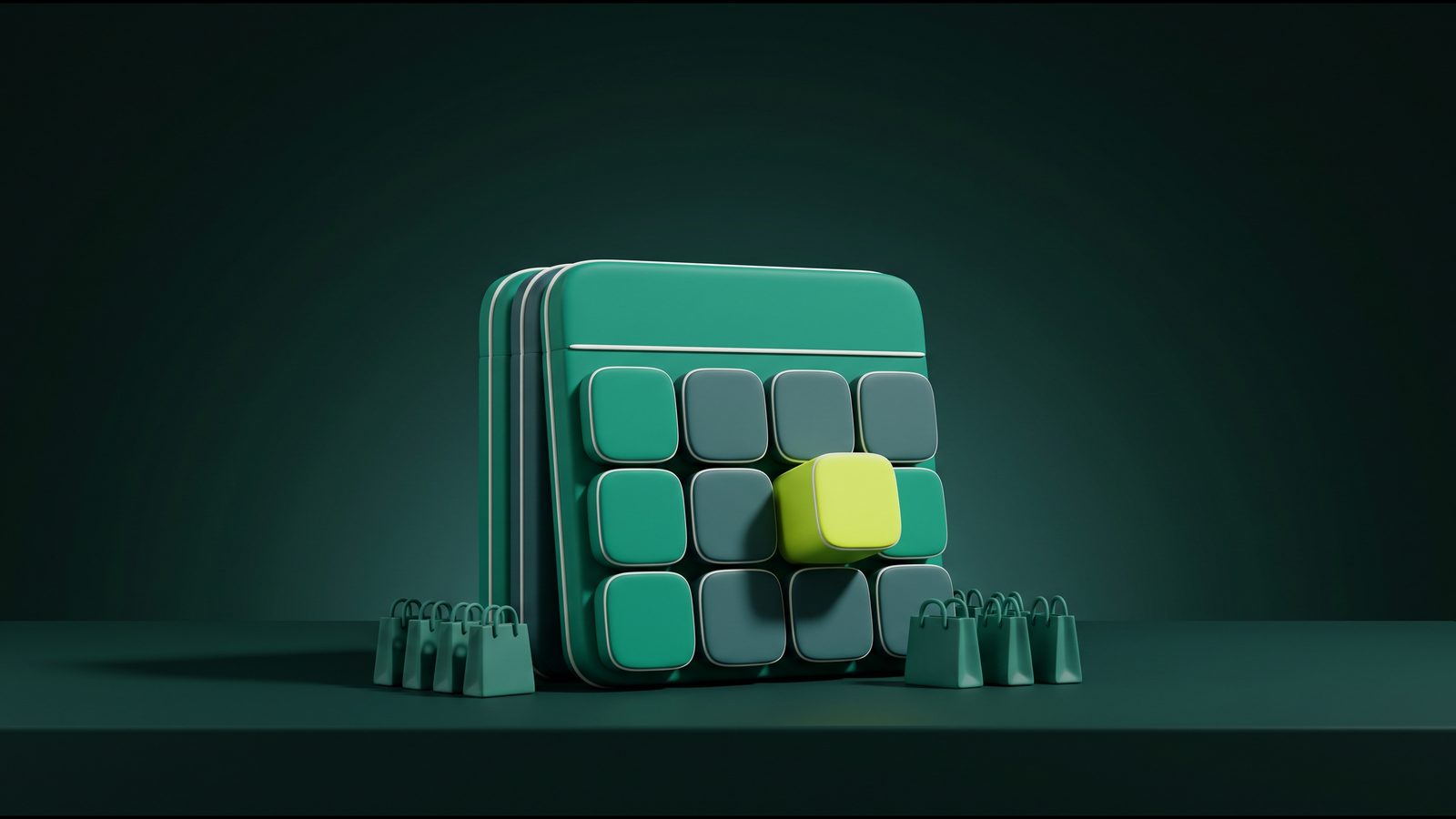 Calendário em 3D com a última sexta-feira em verde-limão e sacolas de compra ao redor