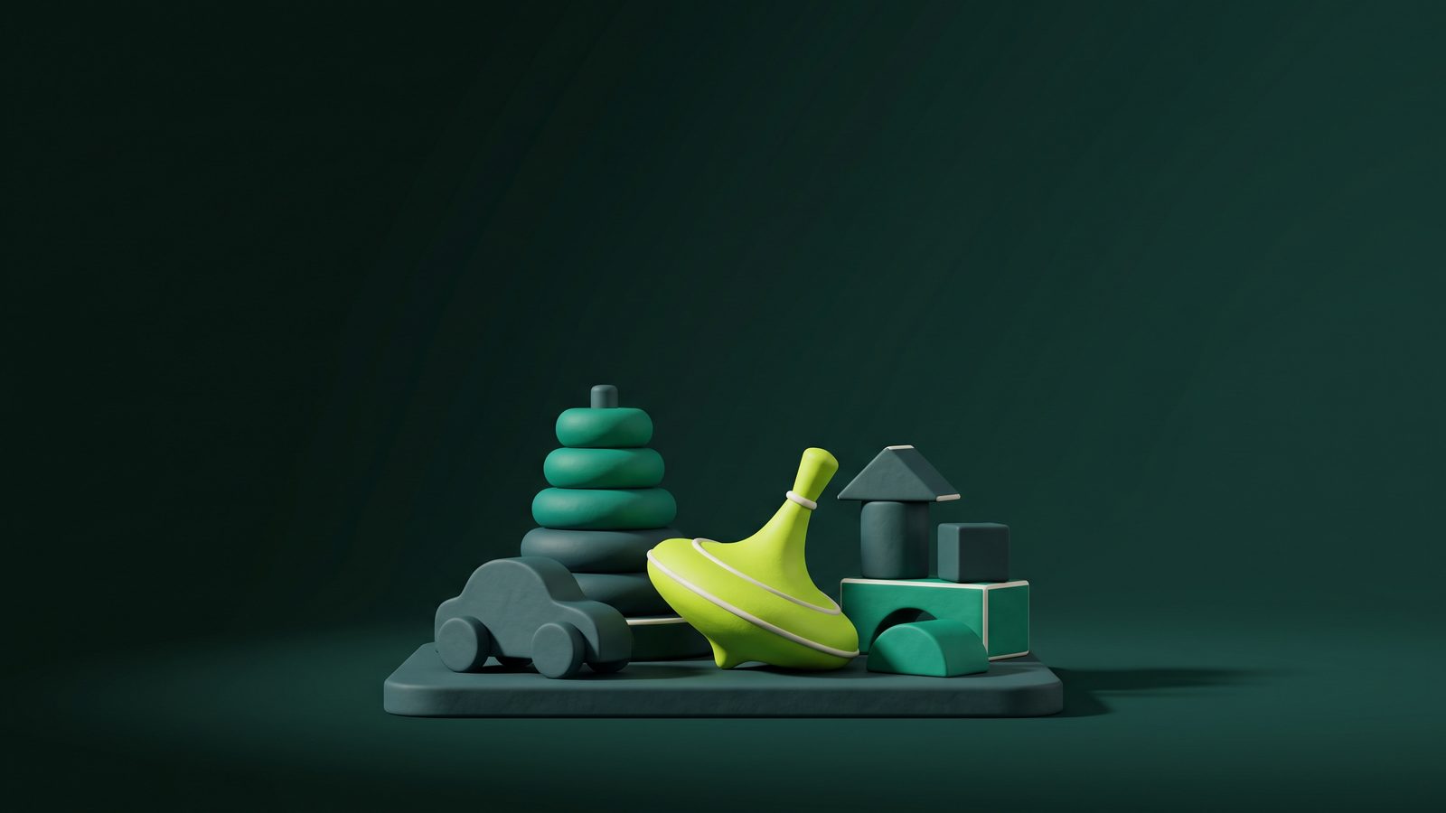 Brinquedos de madeira em 3D sobre fundo verde-escuro, com um pião verde-limão em destaque