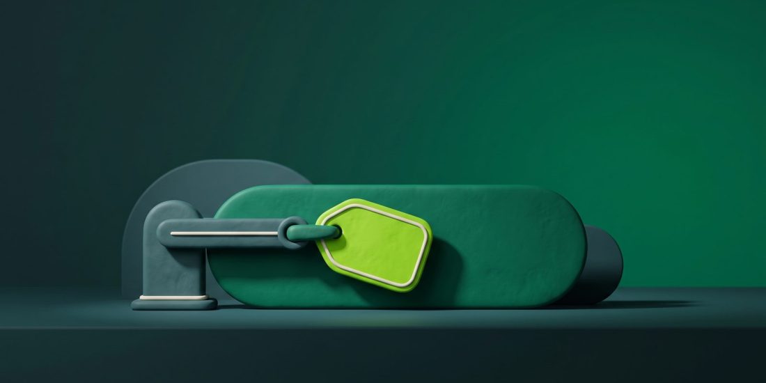 Cartão de anúncio em 3D com um braço mecânico prendendo um cupom verde-limão