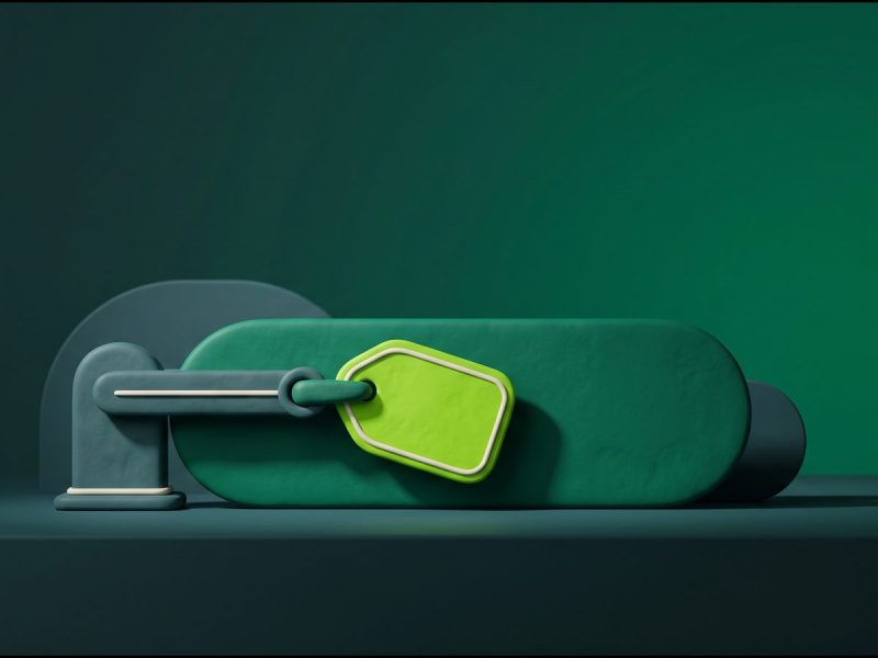 Cartão de anúncio em 3D com um braço mecânico prendendo um cupom verde-limão