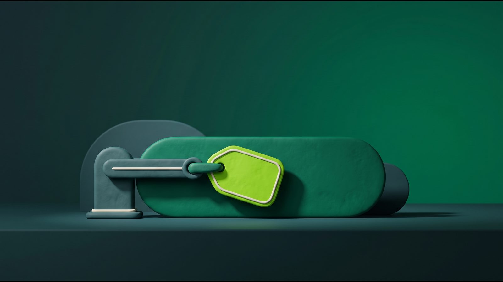 Cartão de anúncio em 3D com um braço mecânico prendendo um cupom verde-limão